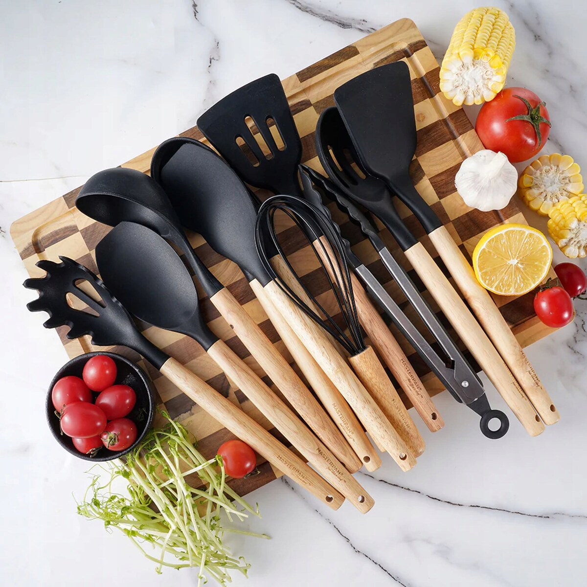 Zestaw Przyborów Kuchennych 12 El. Komplet Łyżka Trzepaczka Szczypce Stojak BPA Free