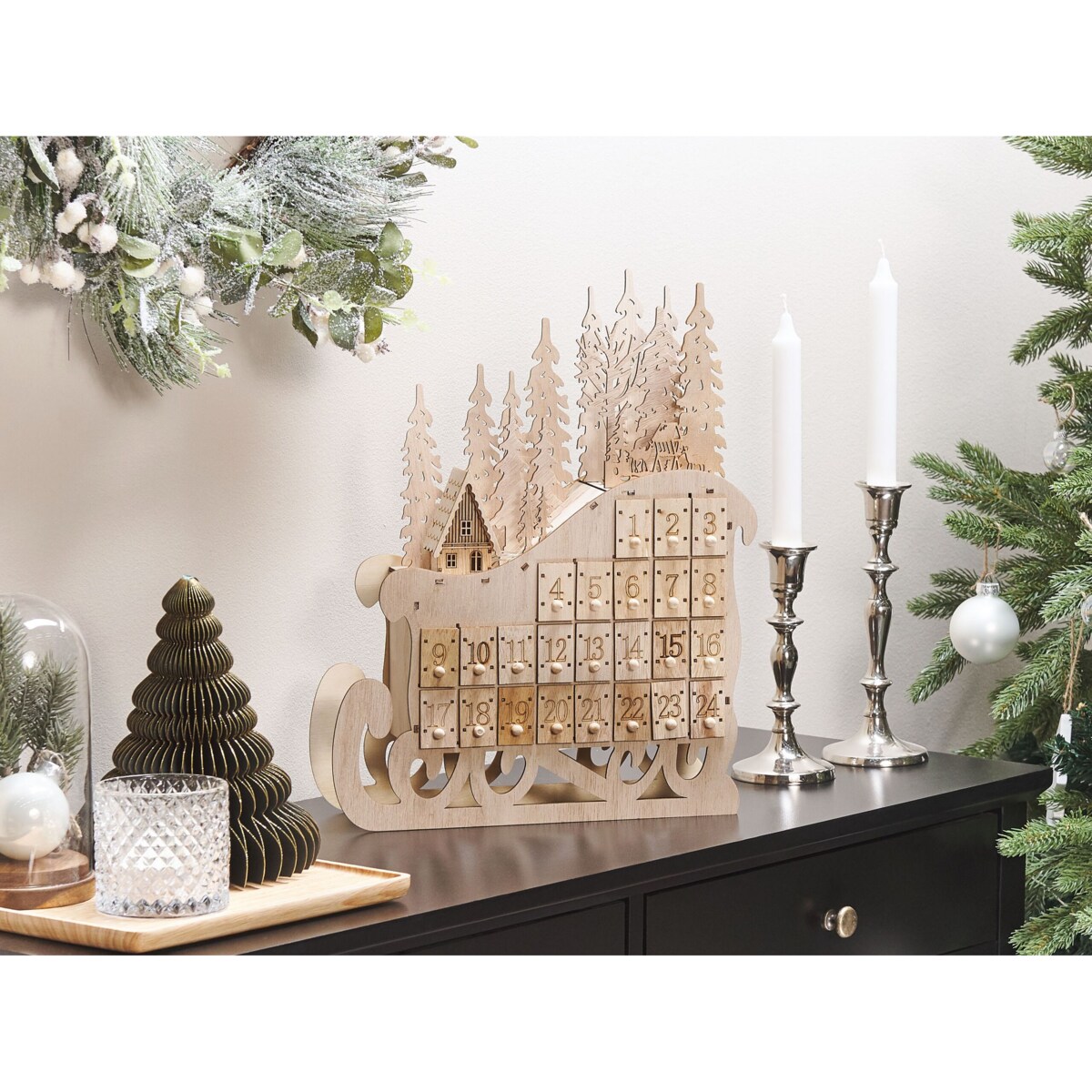Figurka dekoracyjna LED sanie kalendarz adwentowy jasne drewno IMPALA