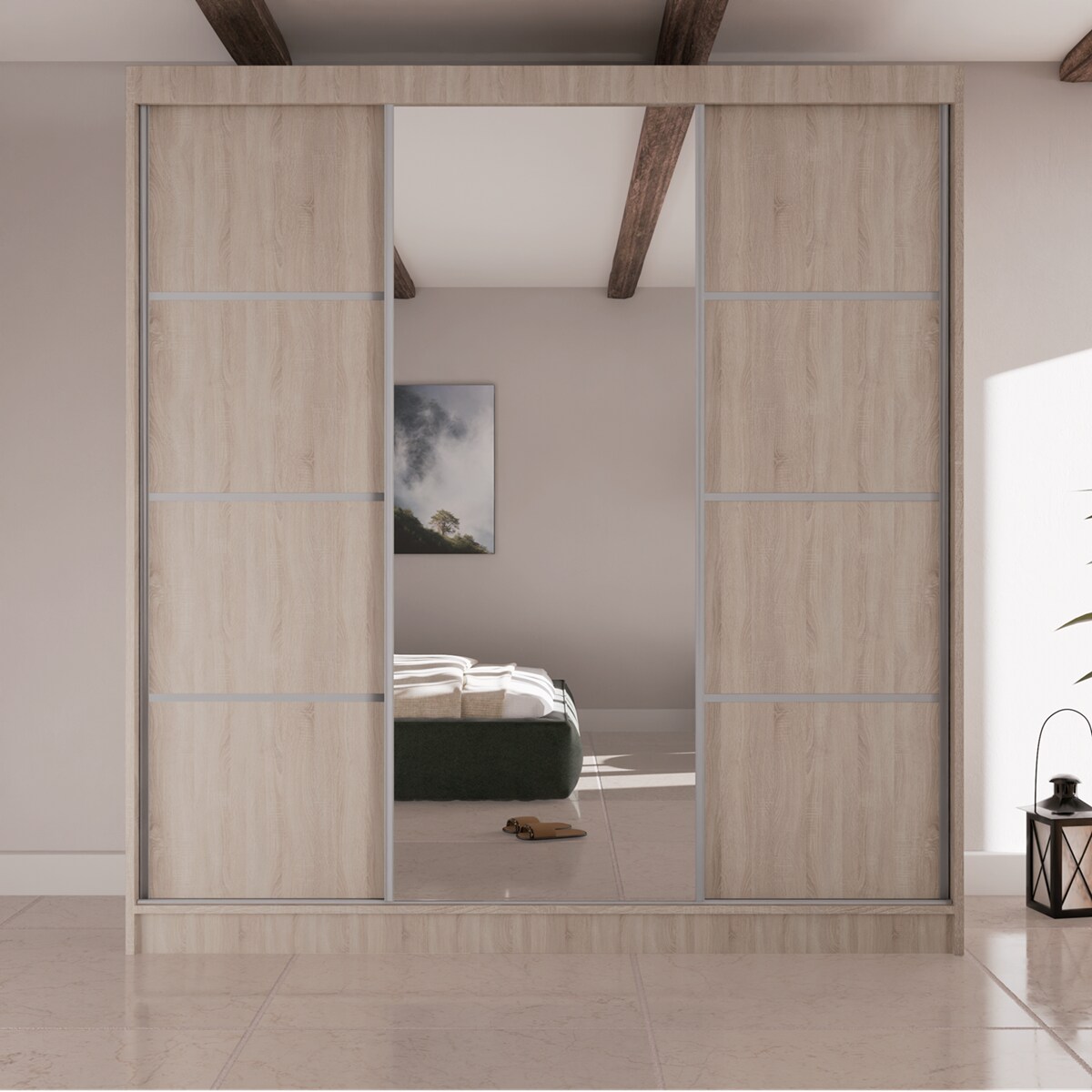 Szafa przesuwna Filo V200 z lustrem, srebrne szprosy -dąb sonoma