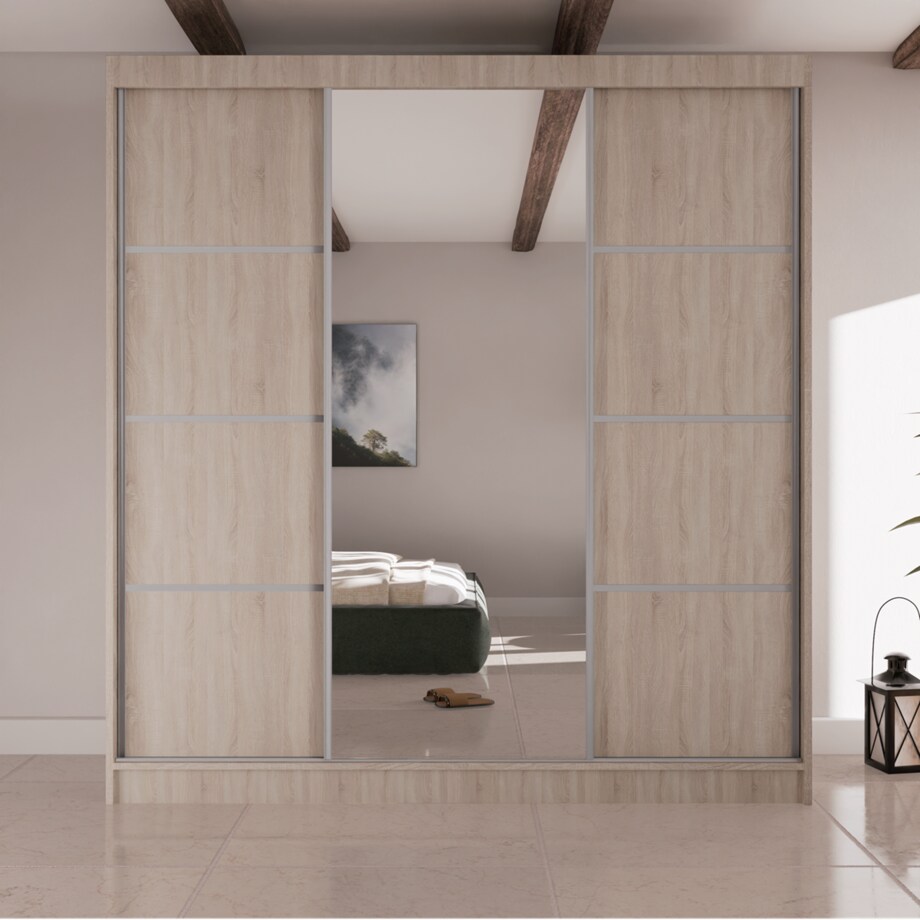 Szafa przesuwna Filo V200 z lustrem, srebrne szprosy -dąb sonoma