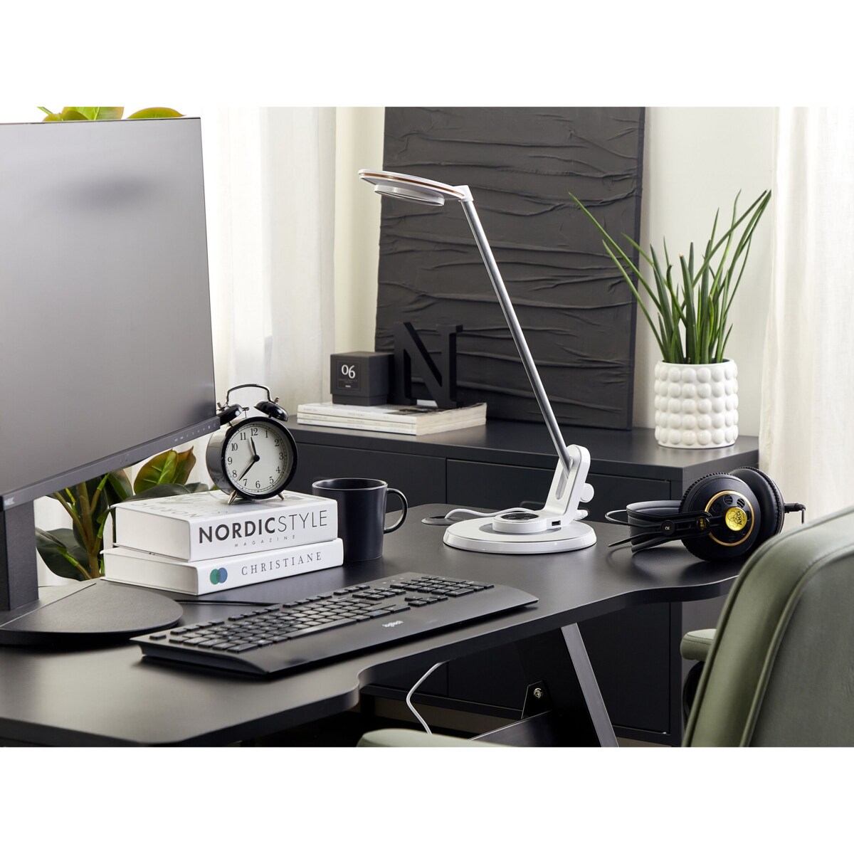 Lampa biurkowa LED z portem USB metalowa srebrno-biała CORVUS