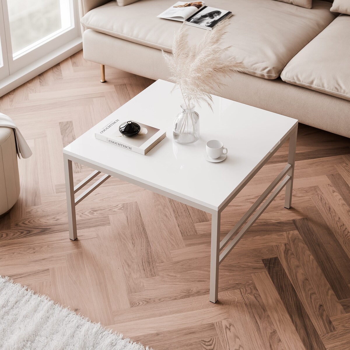 Stolik kawowy BIAŁY POŁYSK blat, KASZMIROWY stelaż 60cm FORMA