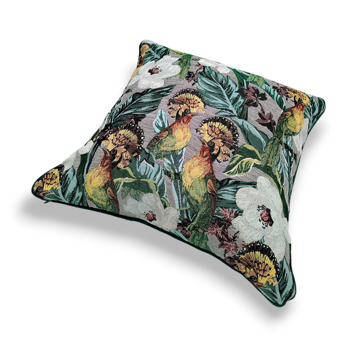 Poduszka dekoracyjna w liście i ptaki 45x45 - Echo Puszczy - polski żakard