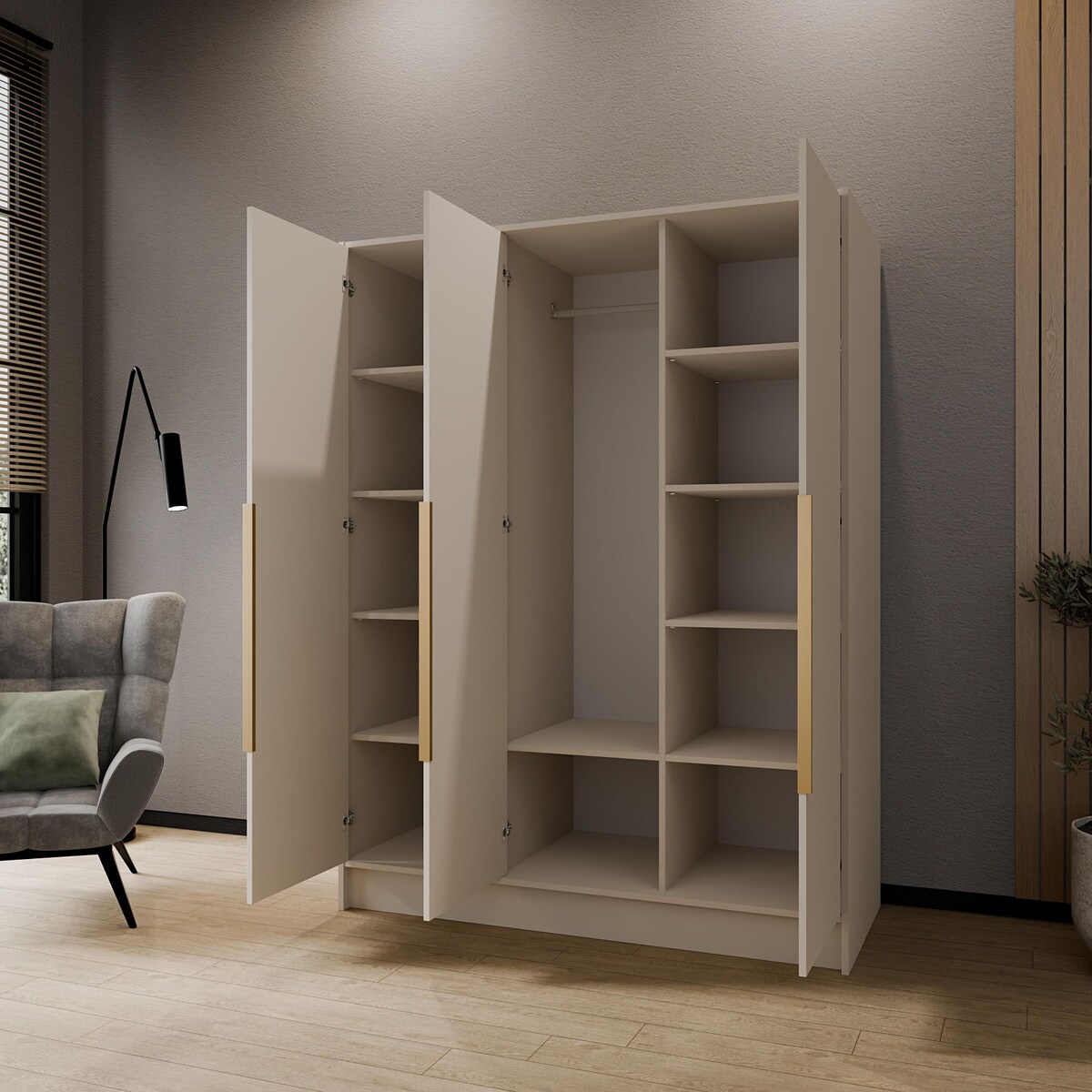 Szafa 150 gładka ORTO bez lustra ze złotymi uchwytami, kaszmirowa