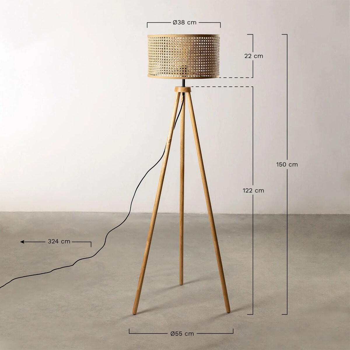 Lampa podłogowa z drewna i rattanu Tina 150 cm