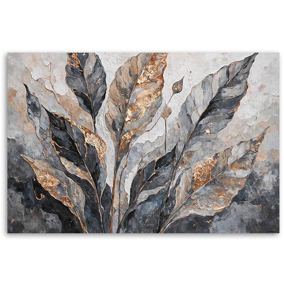 Obraz do sypialni do salonu ścienny Abstrakcyjne Liście Szary Złoty 100x70