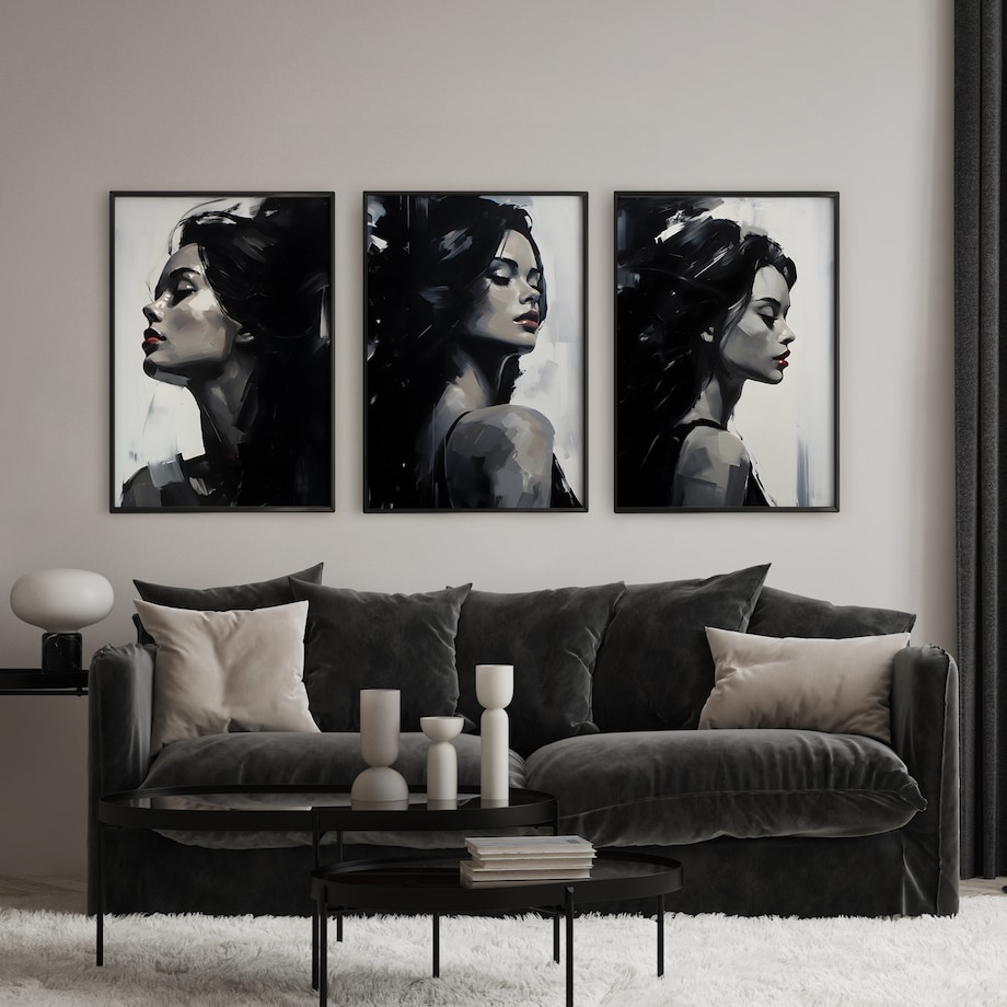 ZESTAW 3X PLAKAT W RAMIE DO SYPIALNI CZARNO-BIAŁE KOBIECE PORTRETY 60x80cm
