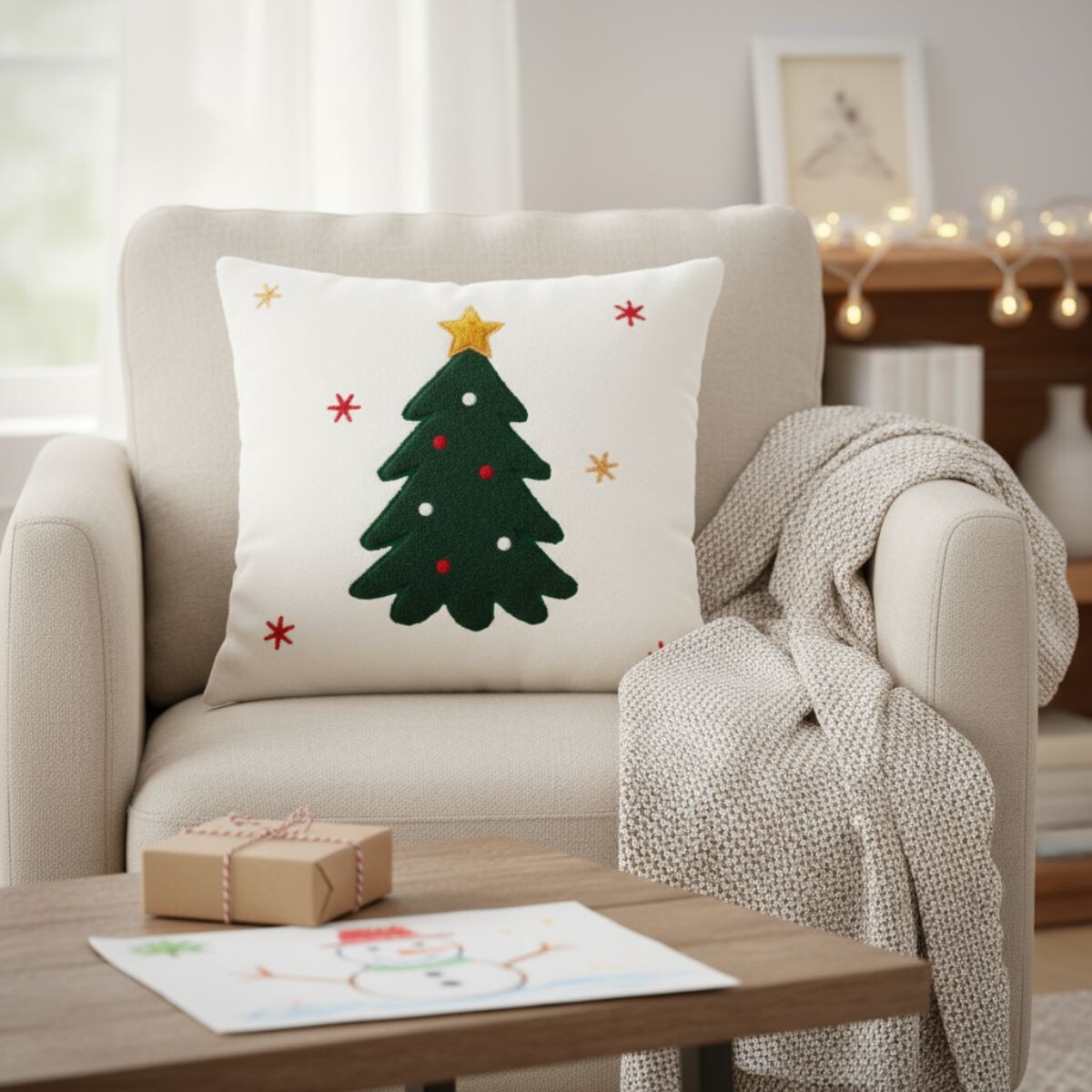 Poduszka dekoracyjna, świąteczny wzór, biała 44 x 44 cm