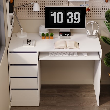 BIURKO KOMPUTEROWE STOLIK BIAŁE MŁODZIEŻOWE NOWOCZESNE Z SZUFLADAMI I PÓŁKĄ