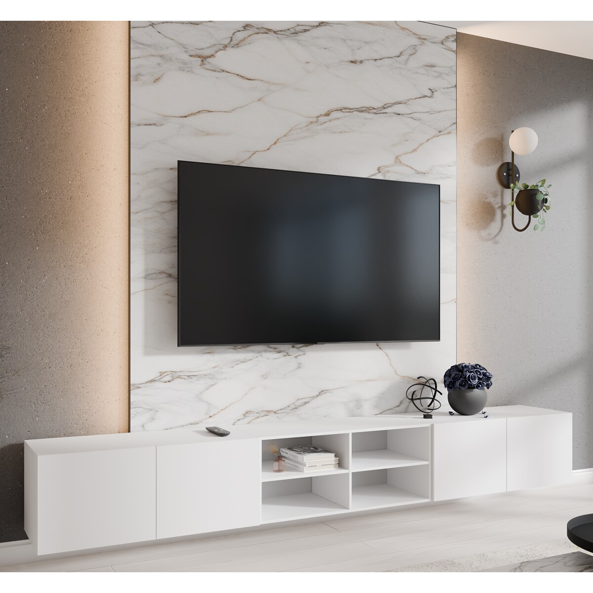 Szafka RTV LION 300 cm otwarta z półkami, pod telewizor do salonu -biała