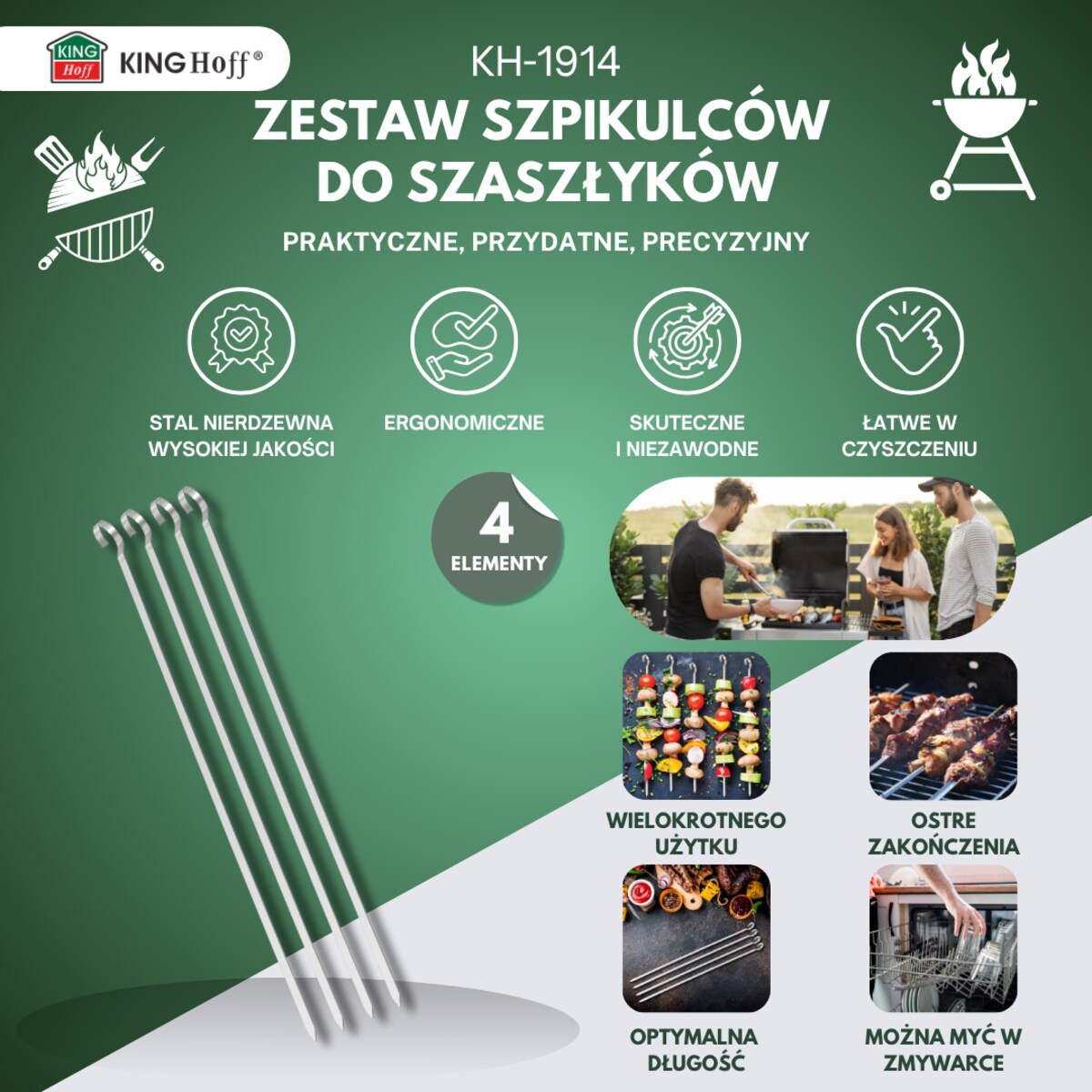 Szpikulce na szaszłyki, do grilla, 4 szt, 35,8cm, stal nierdzewna, KINGHOFF