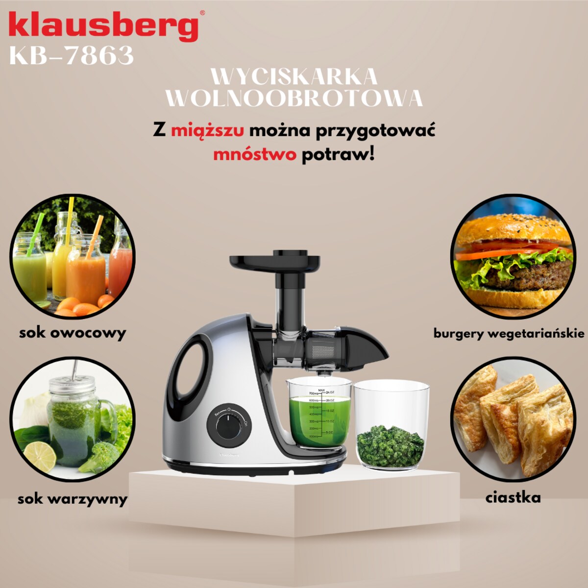Sokowirówka wolnoobrotowa 150W do owoców i warzyw COLD PRESS KLAUSBERG KB-7863