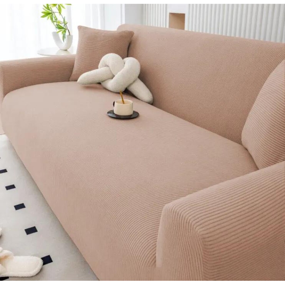 POKROWIEC NA KANAPĘ BEŻOWY ŻAKARD LINIE 3 OSOBOWY [43-Z6-BZ]