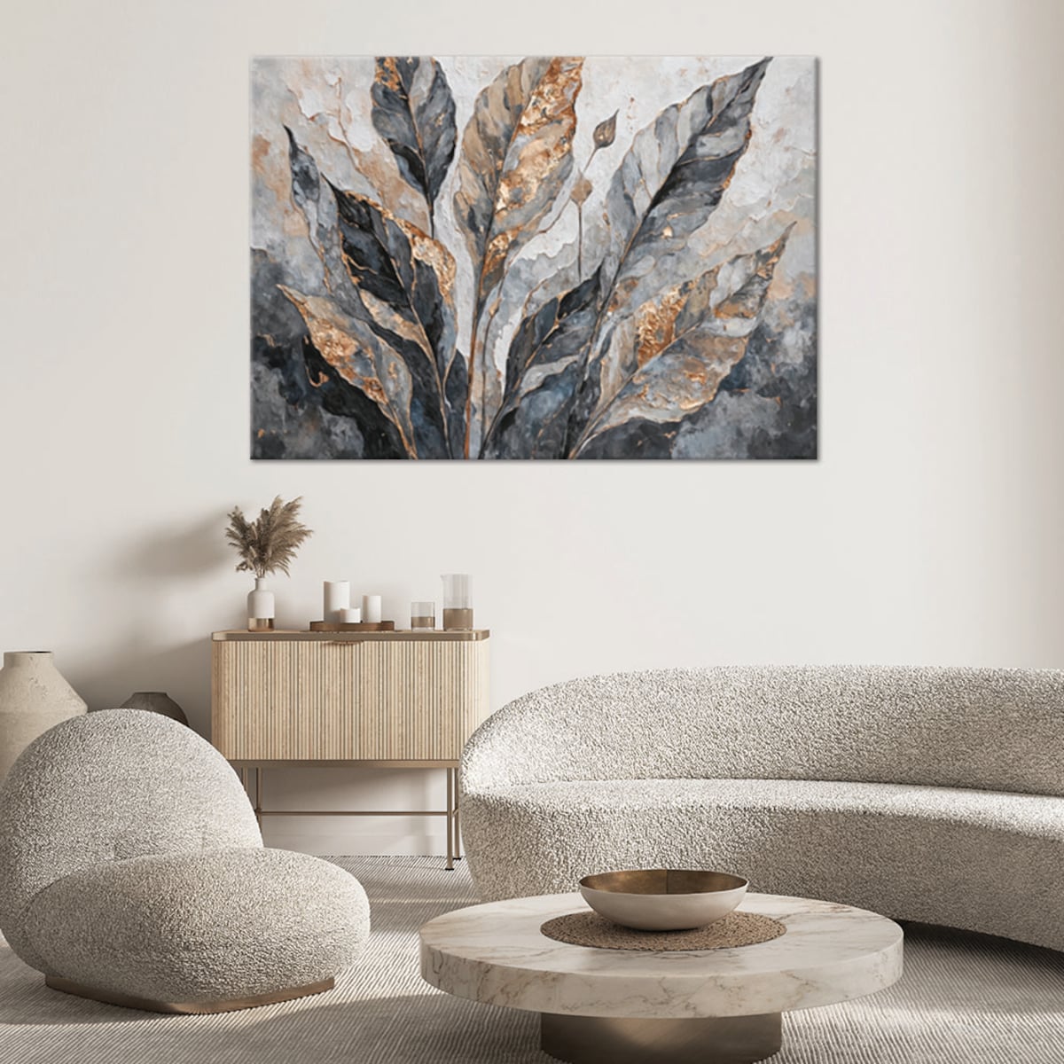 Obraz do sypialni do salonu ścienny Abstrakcyjne Liście Szary Złoty 100x70