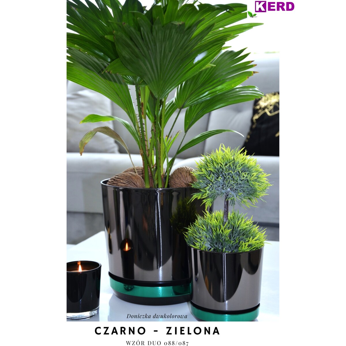 14 Doniczka DUO CZARNA z podstawką ZIELONA dwukolorowa nowoczesna industrialny loft glamour wysoki połysk metaliczna elegancka