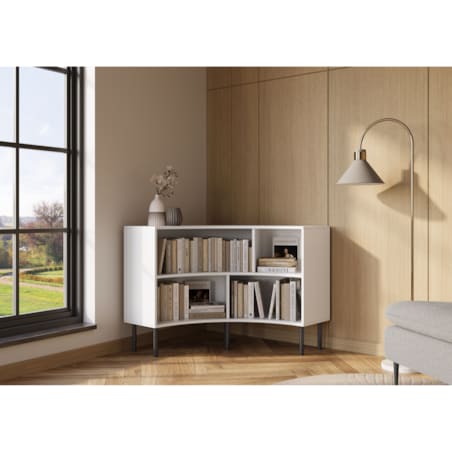 Nowoczesny narożny niski regał na książki Skandica HORN z czarnymi nogami / biały / szer. 100 cm