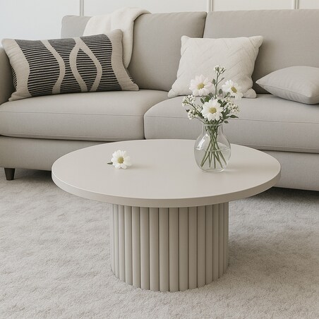 Stolik kawowy Riko średnica blatu 90cm-biały z ryflowaną, metalową podstawą