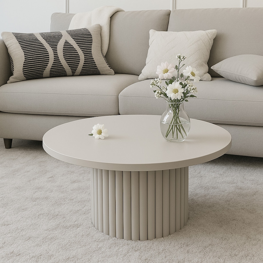 Stolik kawowy Riko średnica blatu 90cm-biały z ryflowaną, metalową podstawą