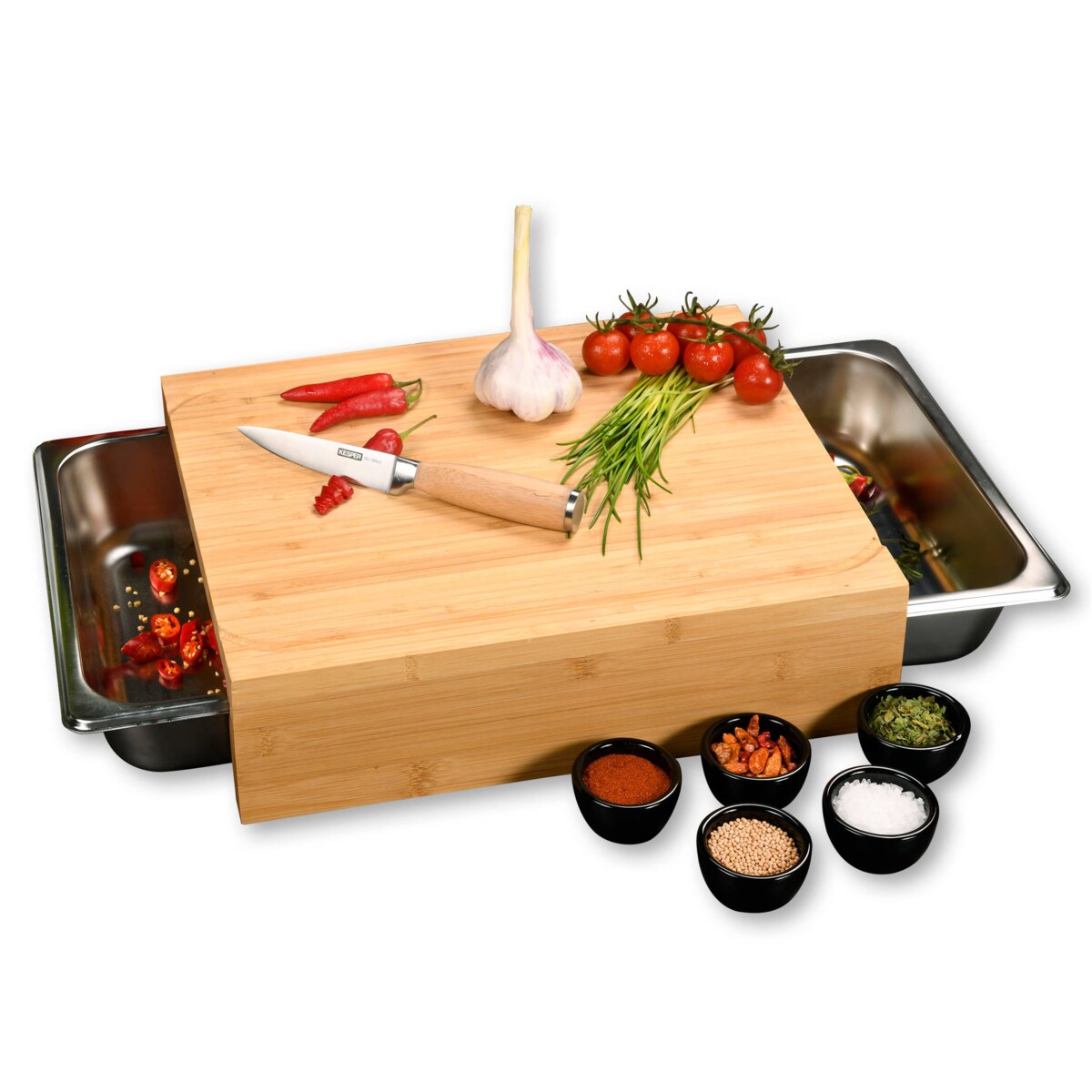 Bambusowa deska do krojenia z dwoma wyciąganymi pojemnikami ze stali nierdzewnej, Kesper