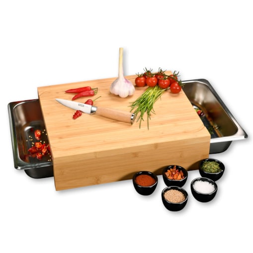 Bambusowa deska do krojenia z dwoma wyciąganymi pojemnikami ze stali nierdzewnej, Kesper