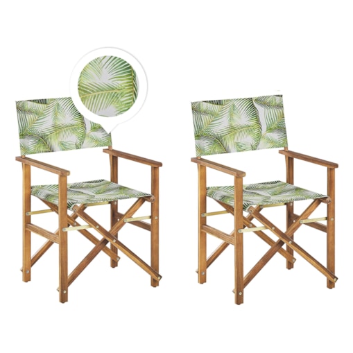 Zestaw 2 krzeseł ogrodowych akacjowy jasne drewno z białym / wzór w tropikalne liście CINE