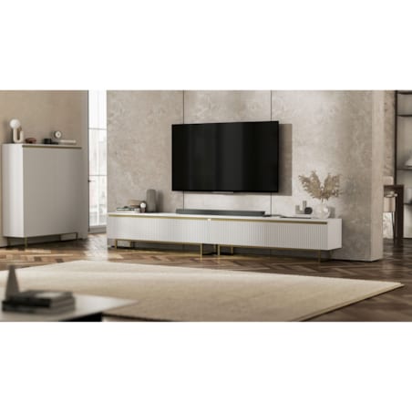 Nowoczesna Szafka RTV Glamour Komoda RTV Biały Mat 280 cm złote akcenty