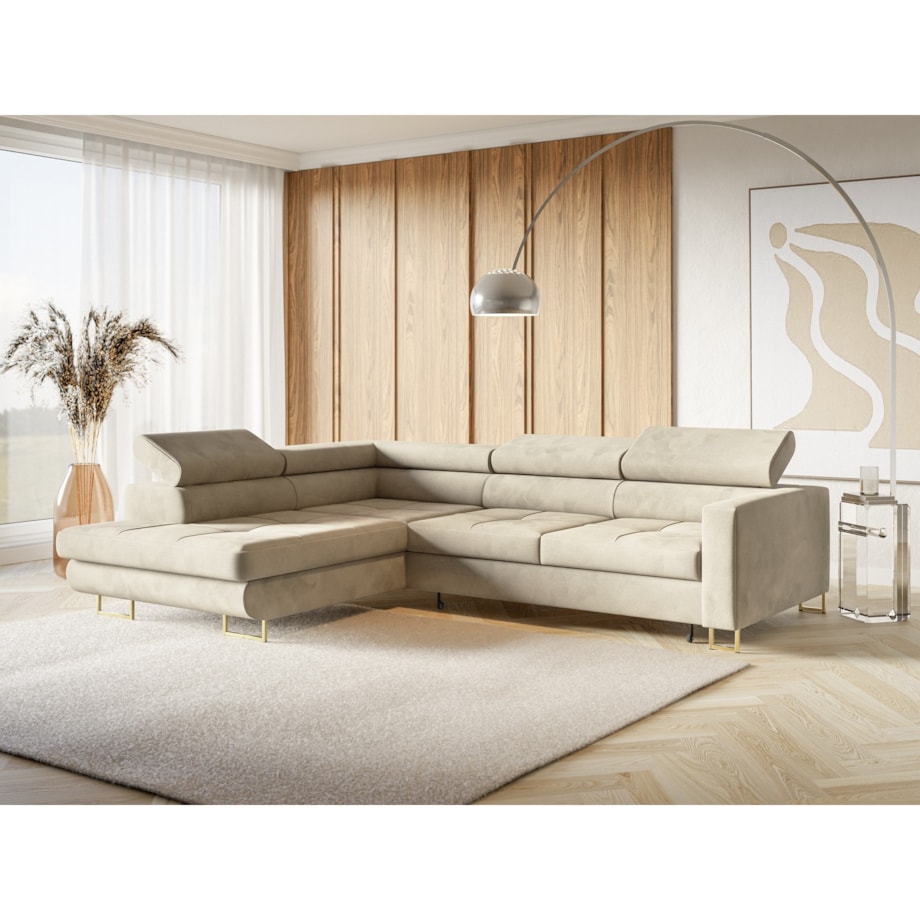 Narożnik rozkładany MERY z regulowanymi zagłówkami na złotych nóżkach lewy