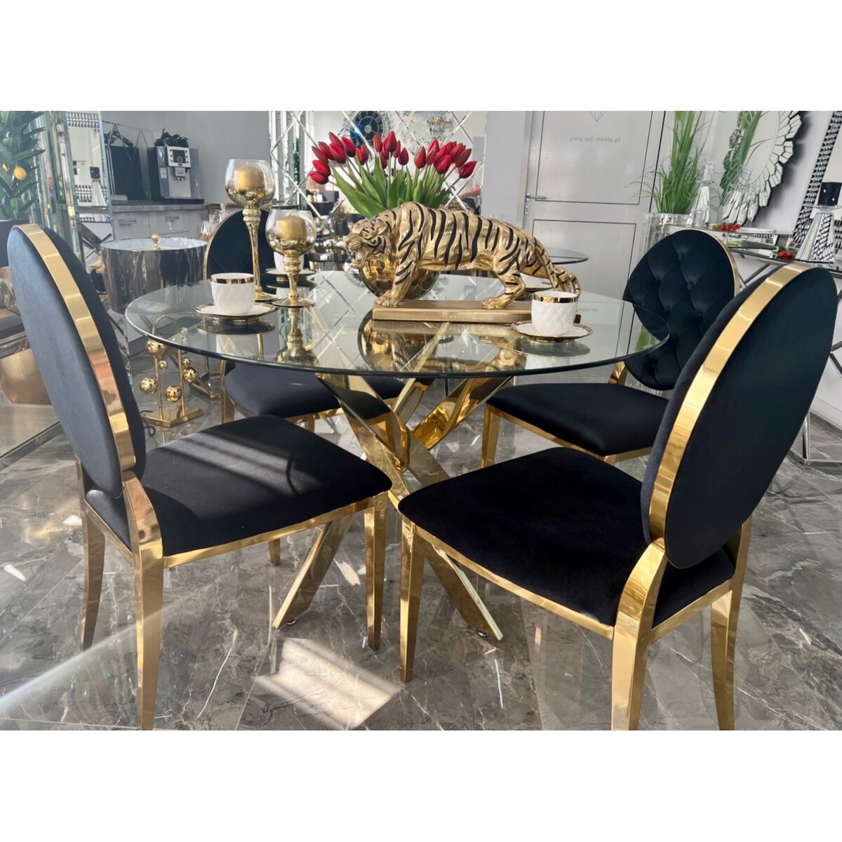 Stół okrągły Nordic złoty z szybą przeźroczystą 120x75