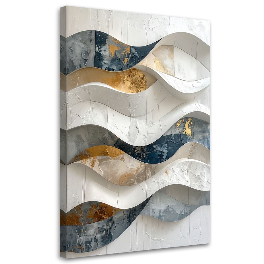 Obraz do salonu biura sypialni hotelu, Abstrakcja geometryczna fale w bieli beżu i złocie 60x90 cm