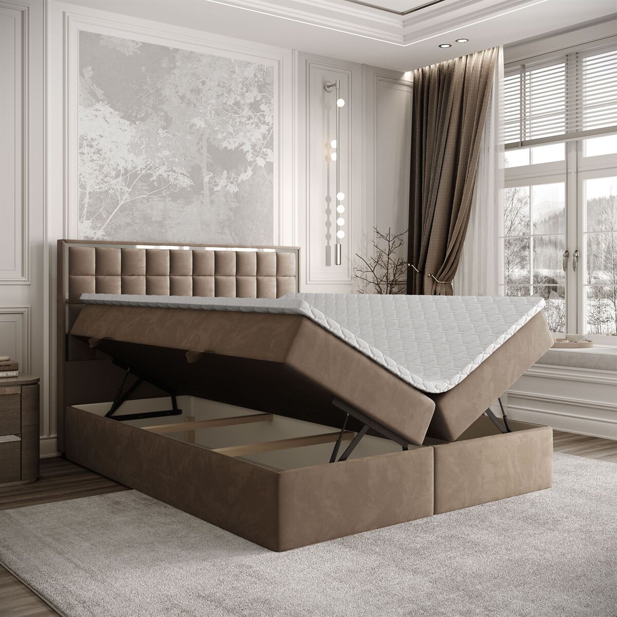 Łóżko kontynentalne ISADORA SILVER, pojemnik na pościel, 140x200, RV 176, topper