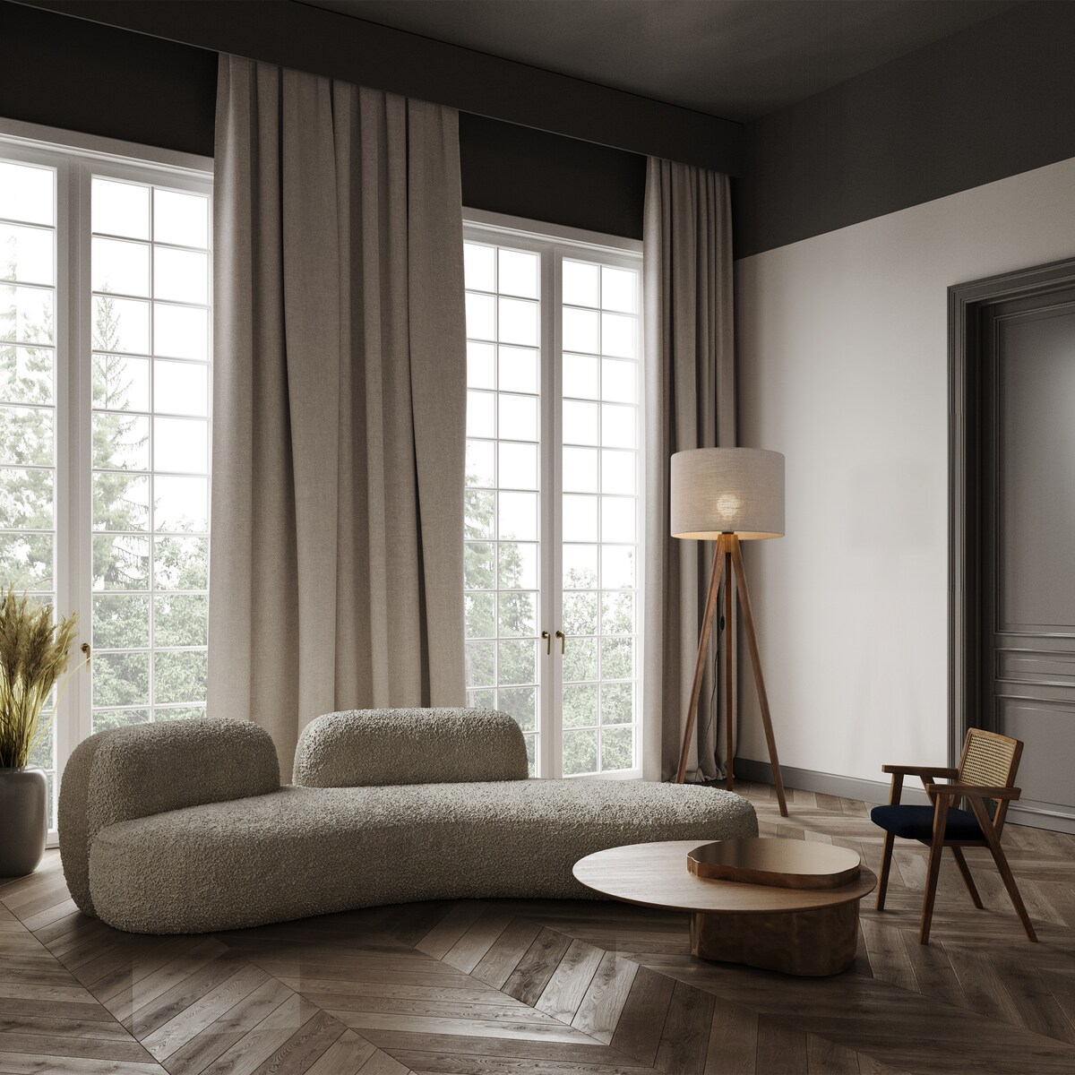 Lampa podłogowa GRAND ORZECH TK Lighting 145 cm drewniana z beżowym abażurem E27 do salonu