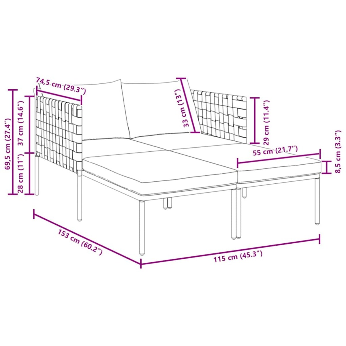 vidaXL Leżak z poduszką 2-osoba Antracyt 115 x 153 x 69.5cm Stal