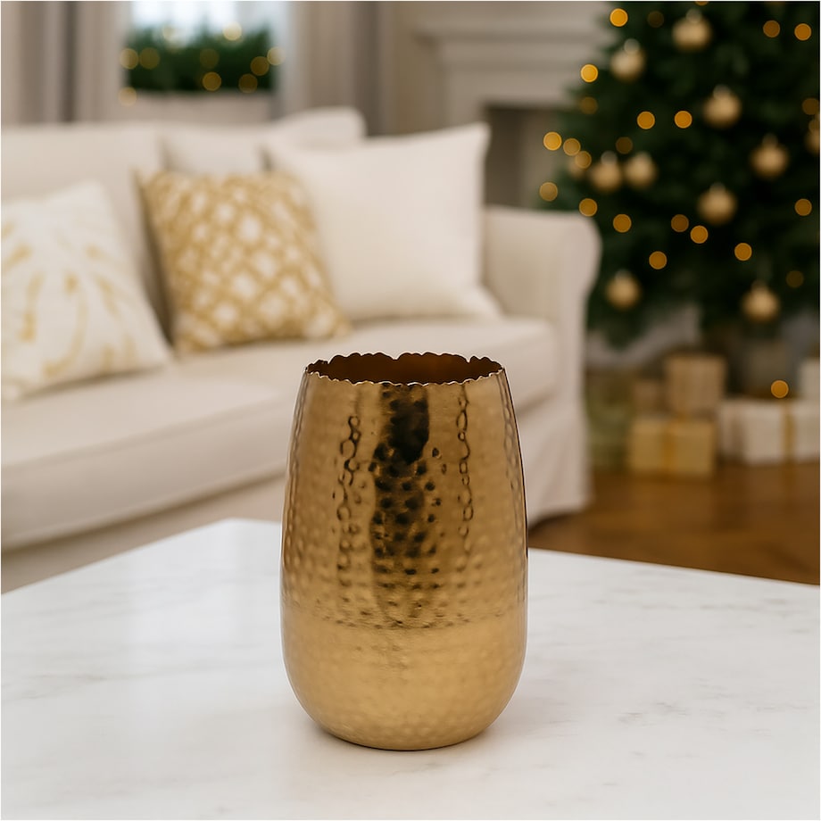 Wazon Metalowy Zdobiony Dekoracyjny 18X29 Cm Waza Ozdobna Na Kwiaty Złoty