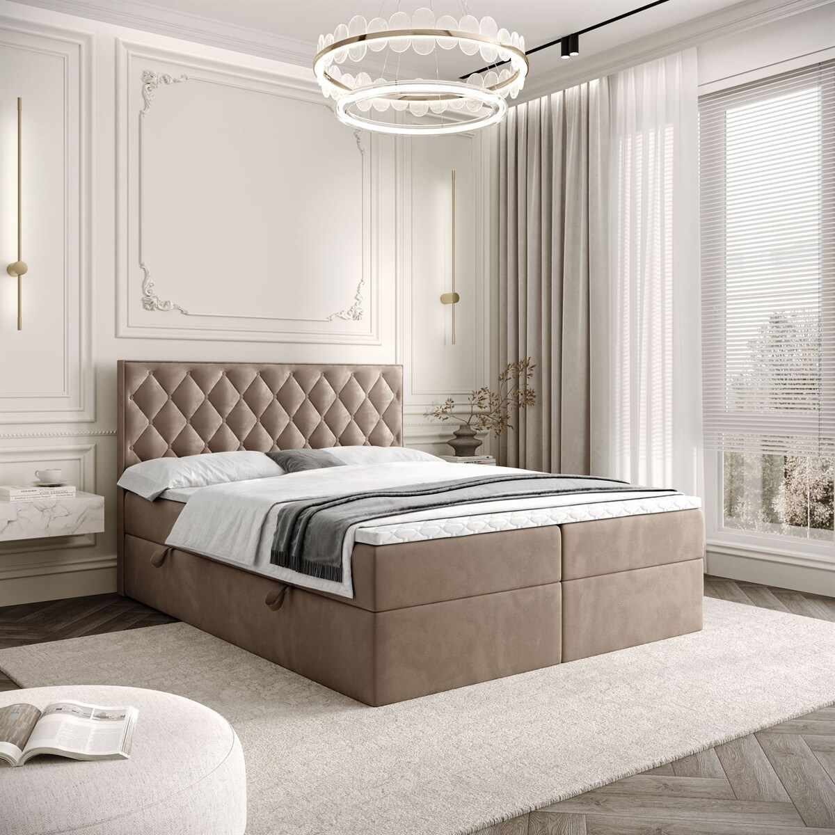 Łóżko kontynentalne INEZ, pojemnik na pościel, 140x200, Royal Velvet 176, topper