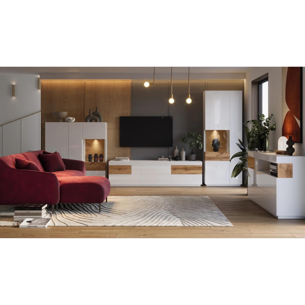 Szafka RTV SILKE 6S 206cm biały połysk/dąb wotan