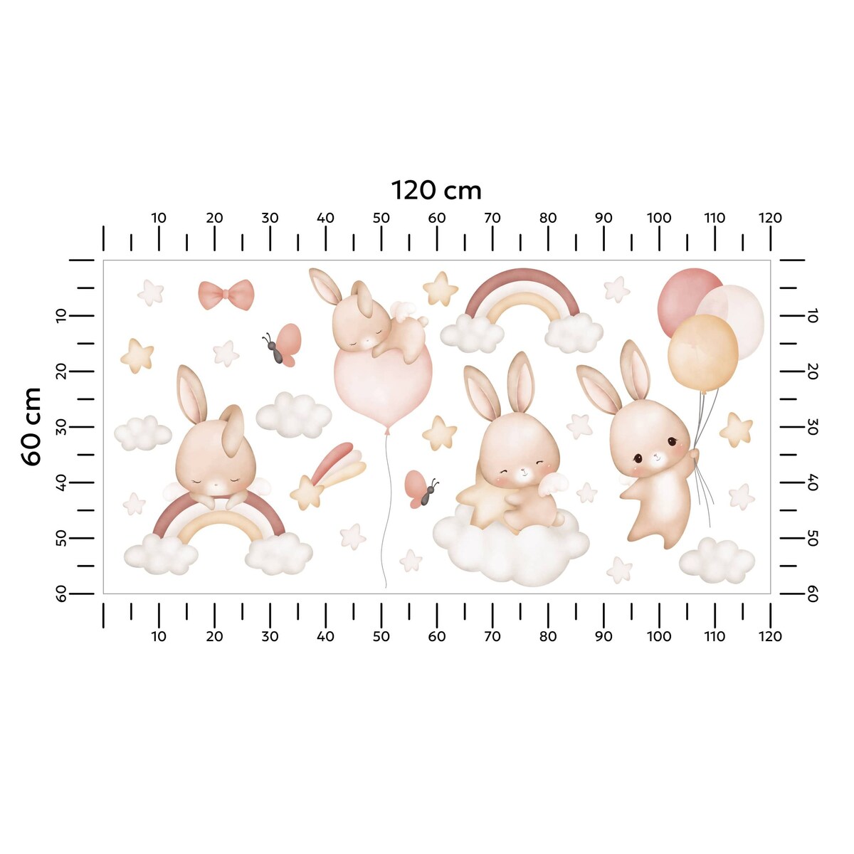 Naklejki Dla Dzieci Króliczki Gwiazdy Chmurki Tęcze Balony Motylki ZESTAW 120x60cm