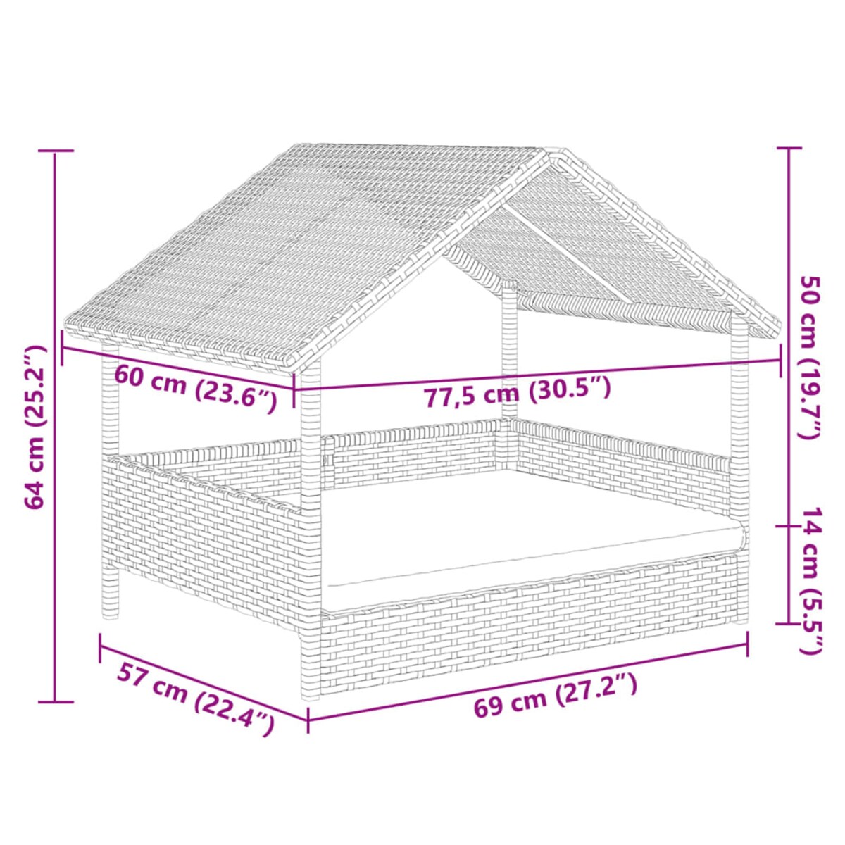 vidaXL Legowisko dla psa, z poduszką, rattan PE