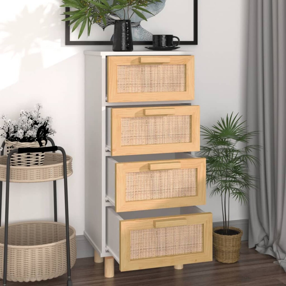 vidaXL Szafka, biała, 40x30x90 cm, lita sosna i naturalny rattan