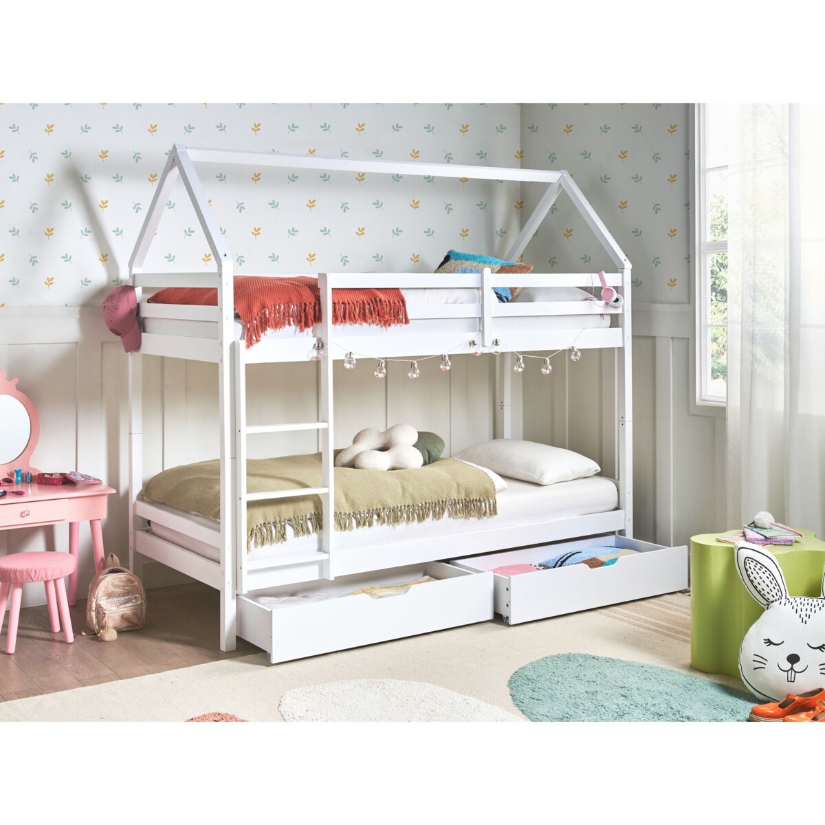 Łóżko piętrowe z szufladami Domek Drewno sosnowe TERNAS 90 x 200 cm ze schowkiem Biały
