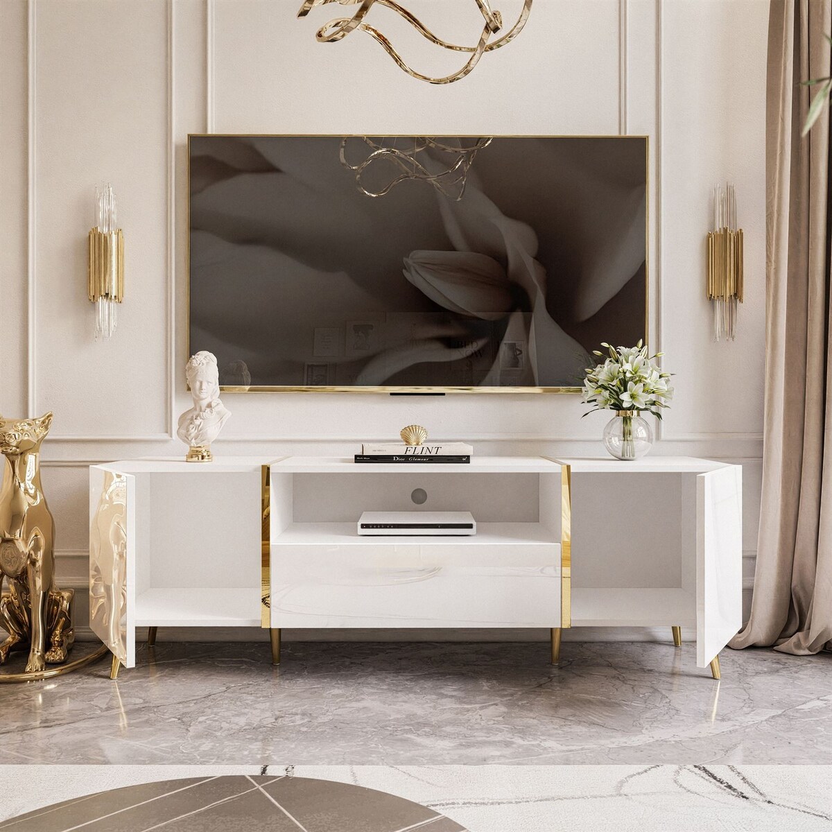 Szafka RTV ONYX na złotych nóżkach wysoki połysk 158 cm, biały połysk, push-to-open