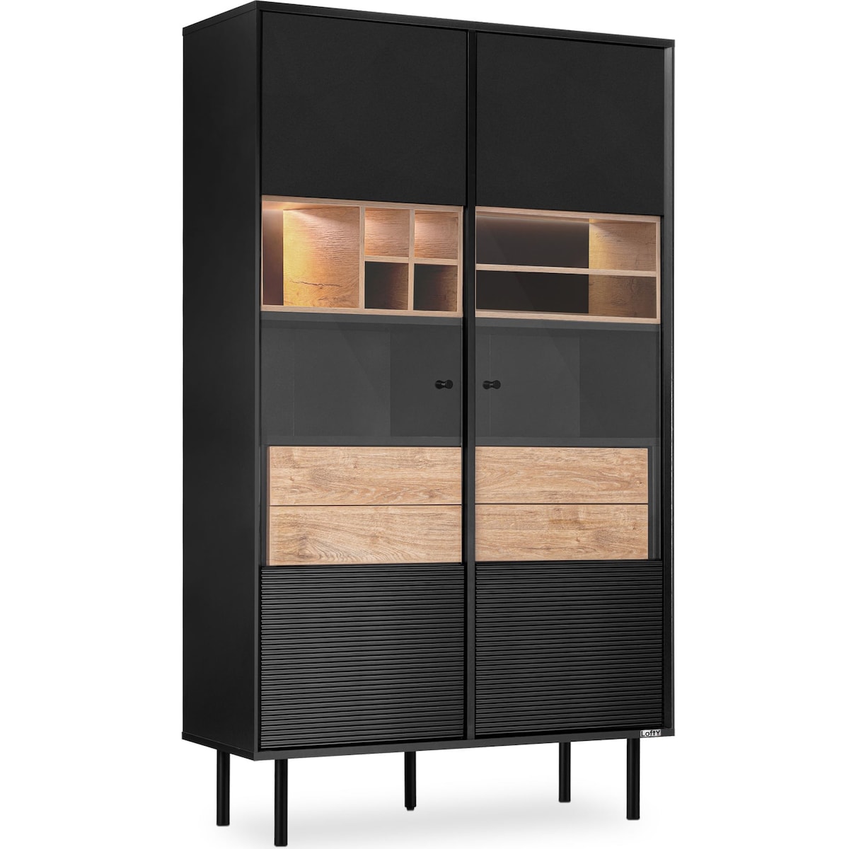 KONSIMO LOFTY Loftowa dwudrzwiowa witryna na drewnianych nogach