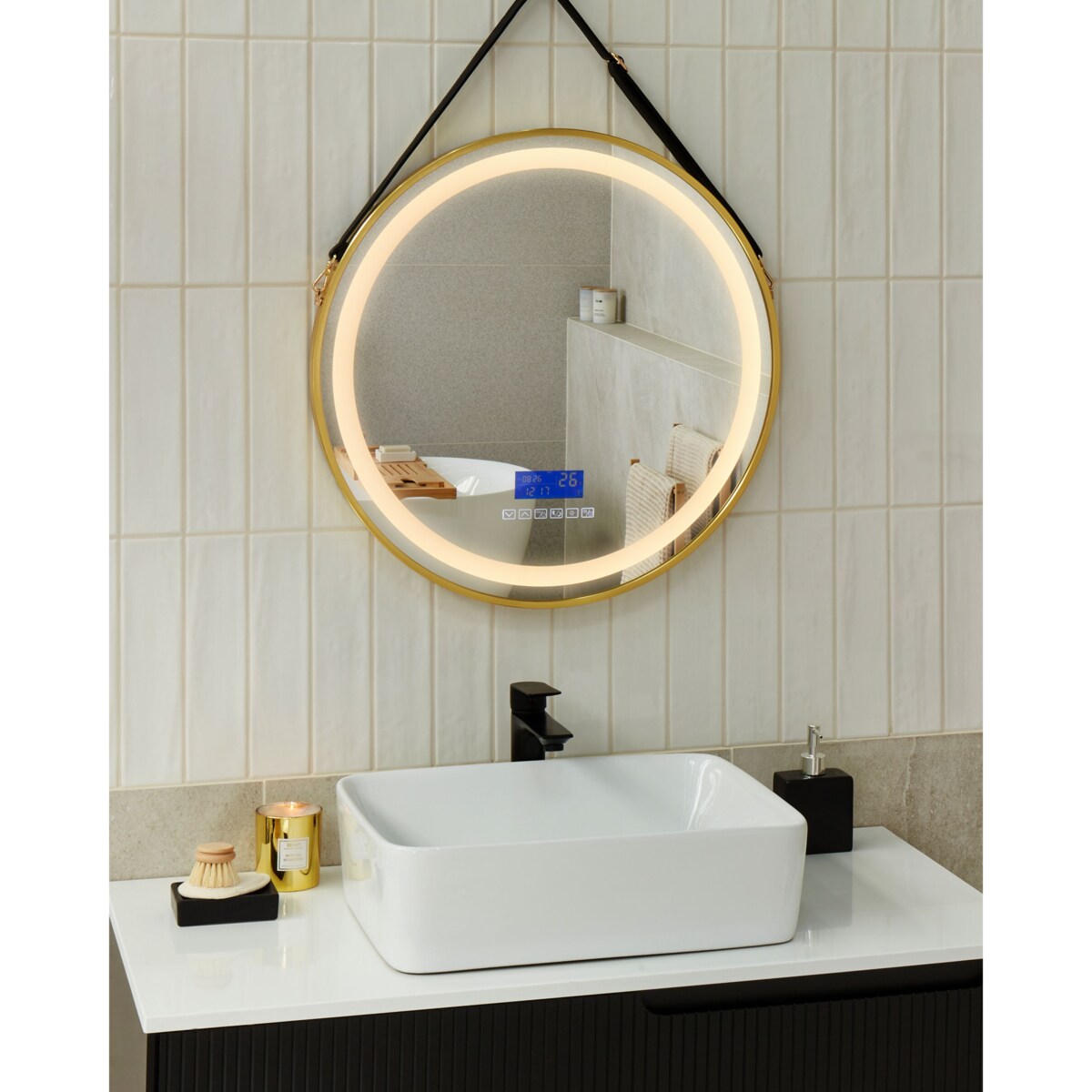 Lustro łazienkowe LED DAROIS 60 cm 60 cm Wbudowany głośnik Bluetooth Złoty