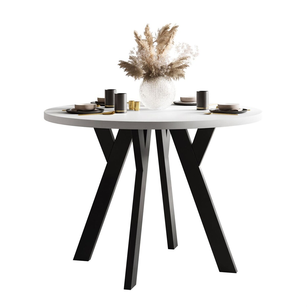 Okrągły stół rozkładany VOLTA MATT, nogi czarne, blat biały