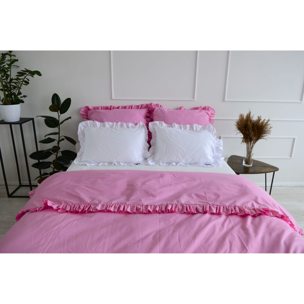 Pościel Bawełniana Z Falbanką Zestaw Komplet Do Sypialni Kołdra + 4 Poduszki 200X200 Cm Róż Biel