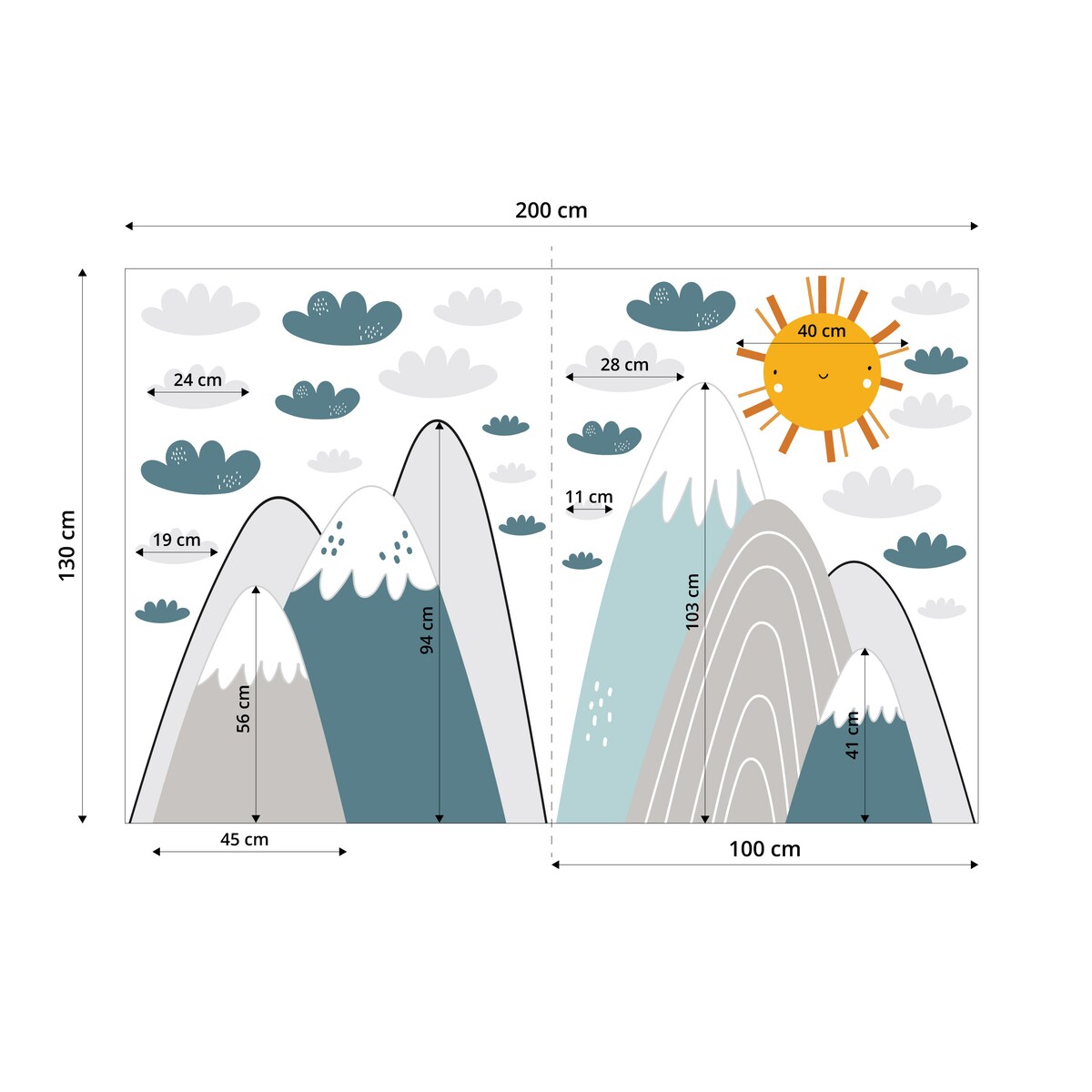 NAKLEJKI ŚCIENNE DLA DZIECI NIEBIESKIE GÓRY CHMURKI SŁOŃCE ZESTAW
