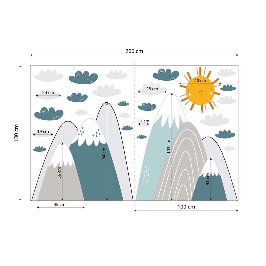 NAKLEJKI ŚCIENNE DLA DZIECI NIEBIESKIE GÓRY CHMURKI SŁOŃCE ZESTAW