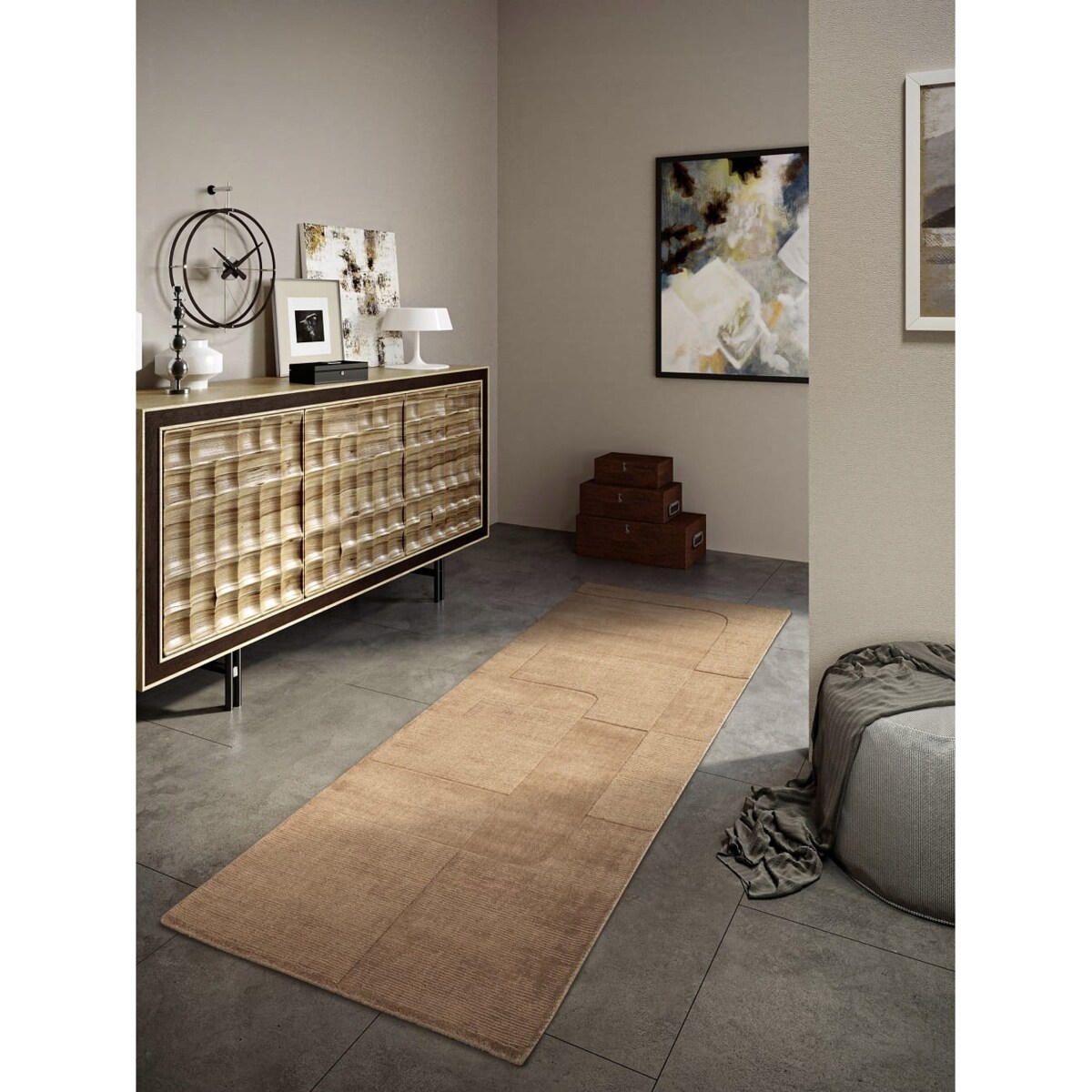 Chodnik wełniany do korytarza 80x250cm, brązowy nowoczesny wzór 3D