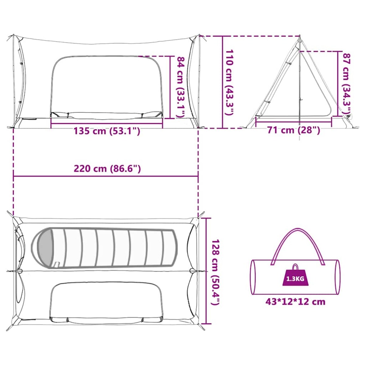 vidaXL Namiot wewnętrzny Czarny 220 x 128 x 110 cm Siatka