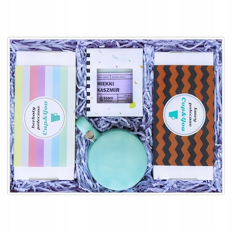 THE BEST BOX zestaw wyselekcjonowanych kaw smakowych i herbat sypanych świeca sojowa kubek z zaparzaczem i pokrywką - na prezent upominek dla kobiety faceta