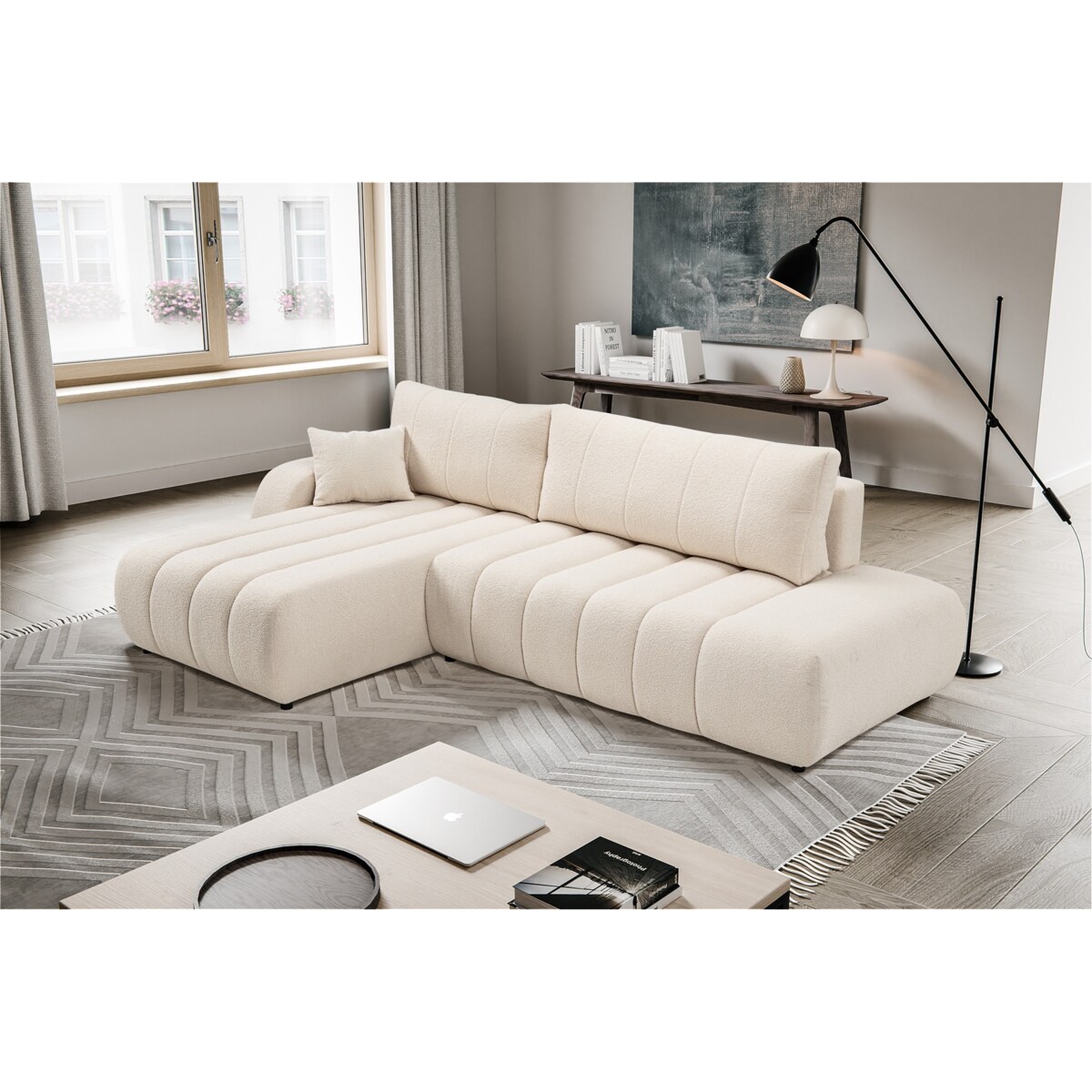 Narożnik z funkcją spania ALOO, lewostronny, tkanina boucle-kremowa